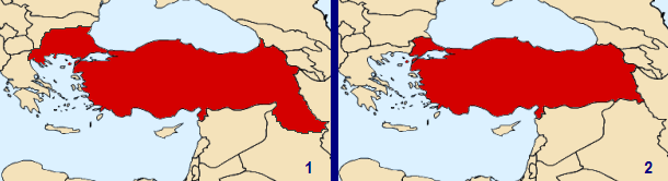 1. Landgrenzen van Turkije volgens de Misak-ı Millî plannen 2. Huidige landsgrenzen van Turkije.