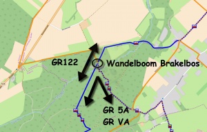Kaart met GR-pad en wandelboom in het Brakelbos