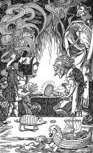 De goden kijken toe hoe de dwergen Mjollnir smeden. Draupnir ligt op de tafel tussen andere attributen.