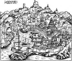 Zicht op Genoa in Italië, rond 1490.