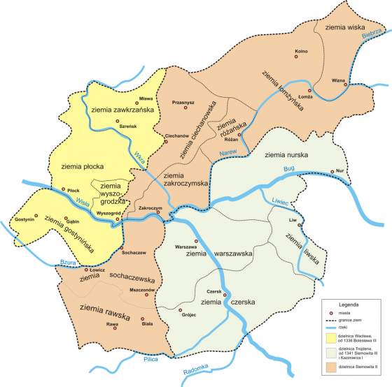 Ziemovit was vorst van de met oranje aangegeven gebieden in Mazovië