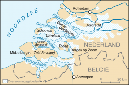 Overstroomde gebieden in Zuidwest-Nederland